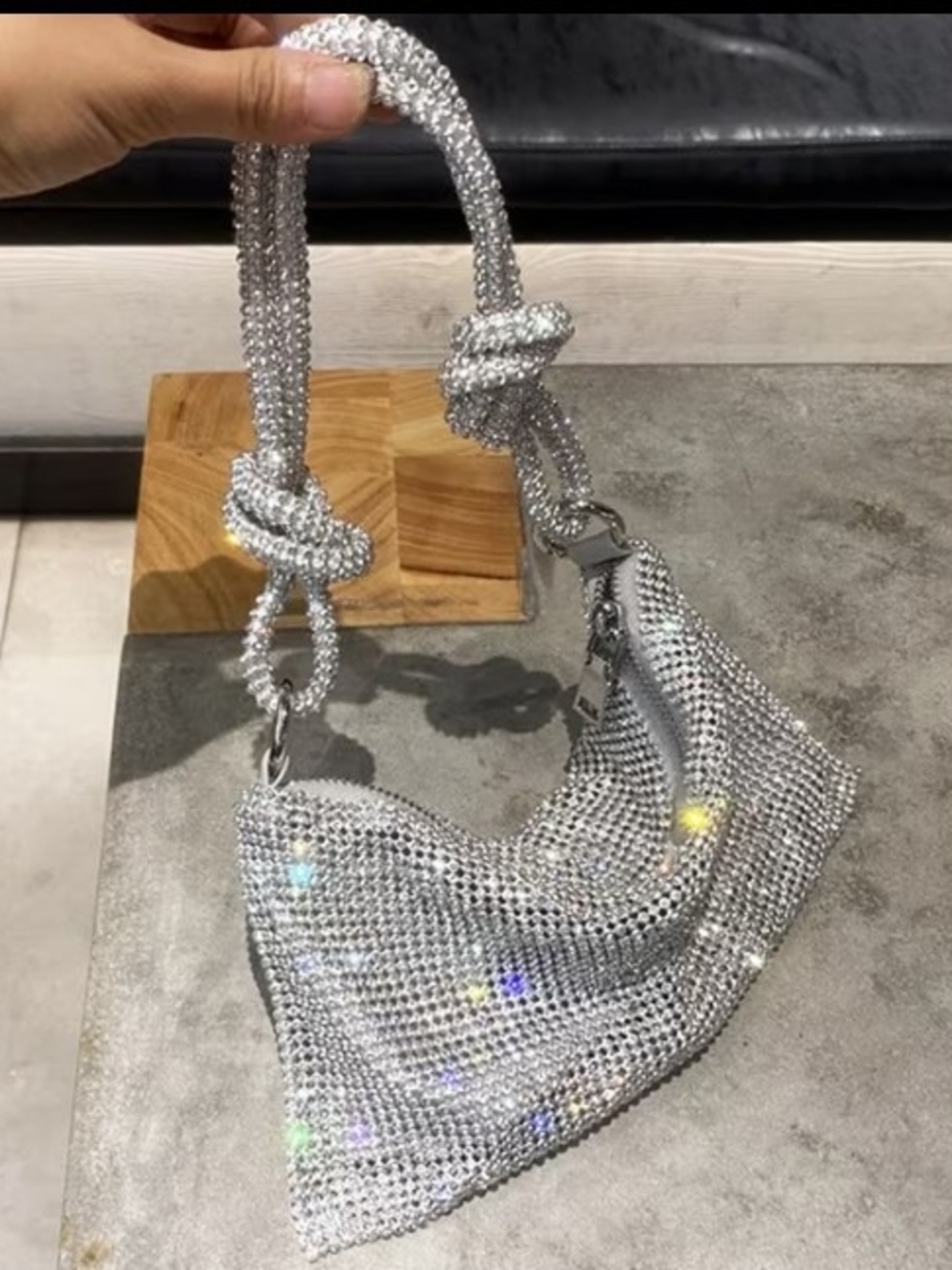 Silver Crystal Knot-Handle Shoulder Bag
